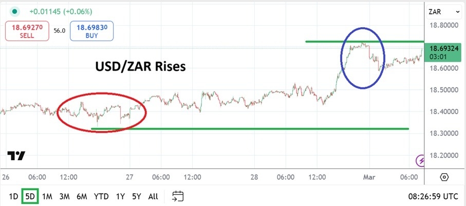 USD/ZAR Analysis Today 03/03: Rises, Market Jitters (Chart)